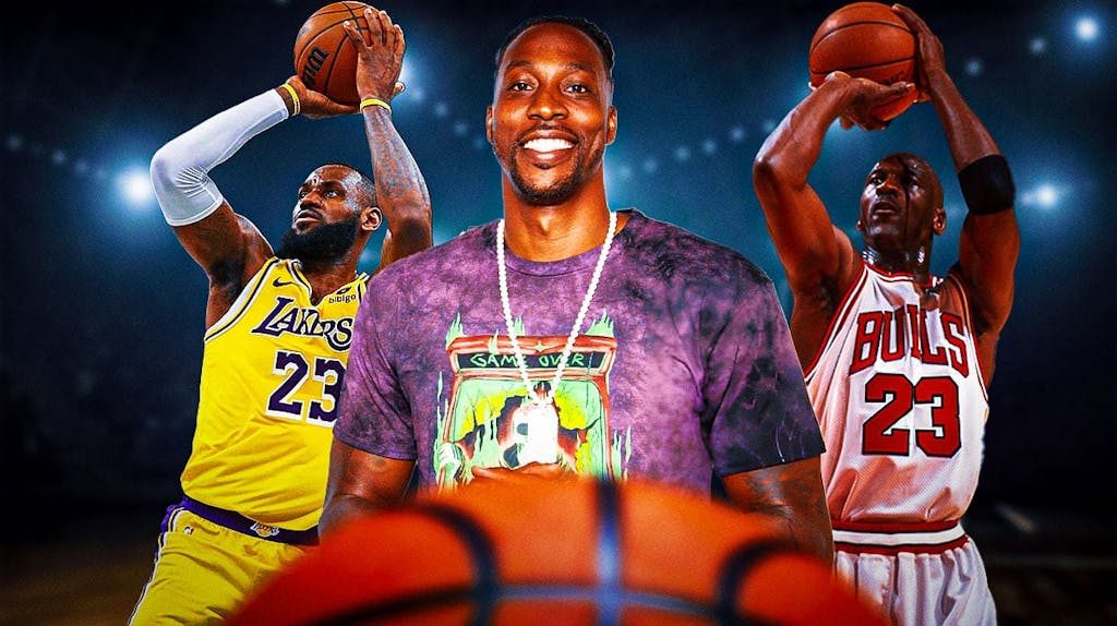 Dwight Howard (2024 image, wearing normal clothes) in middle. Lakers' LeBron James on left shooting a basketball, Bulls' Michael Jordan on right shooting a basketball.