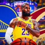 Los Angeles Lakers player LeBron James with Golden State Warriors and Cleveland Cavaliers logos behind him