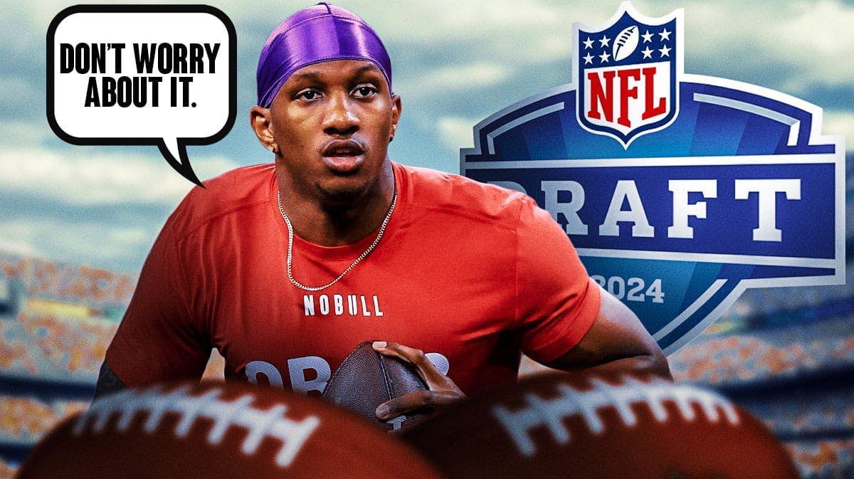 Former University of Washington QB Michael Penix Jr. with a speech bubble saying “Don’t worry about it.” next to a logo for the 2024 NFL Draft.