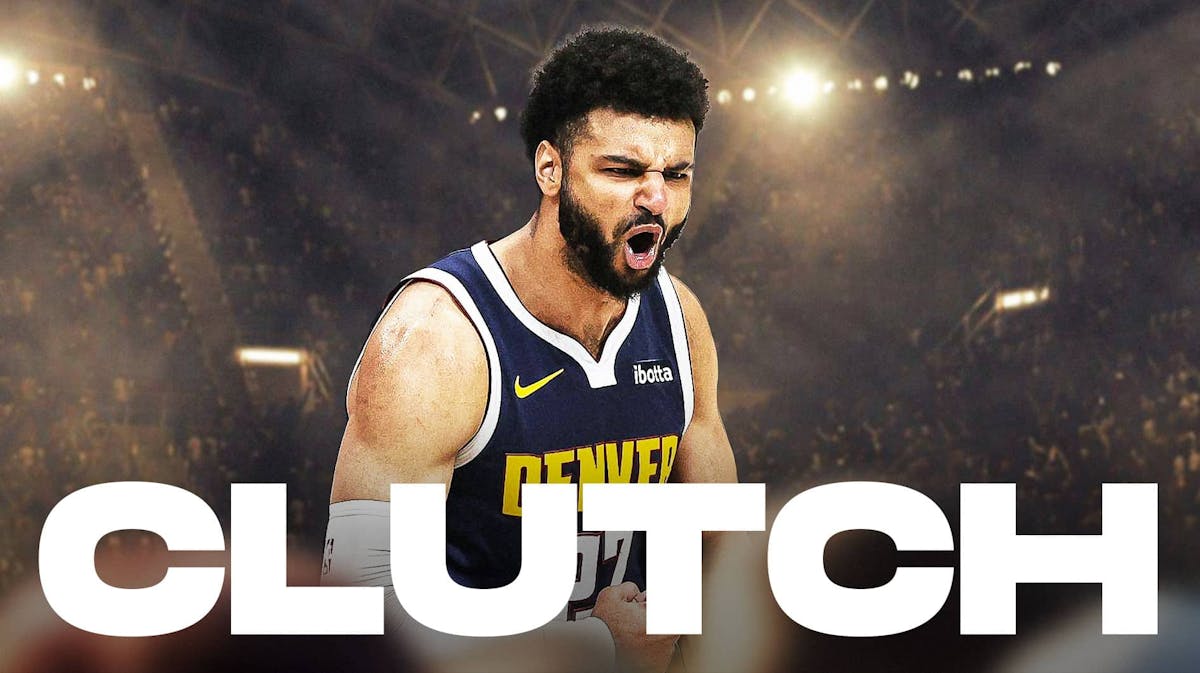 Nuggets' Jamal Murray screaming/happy with giant words over him (on the bottom of the graphic) that says CLUTCH