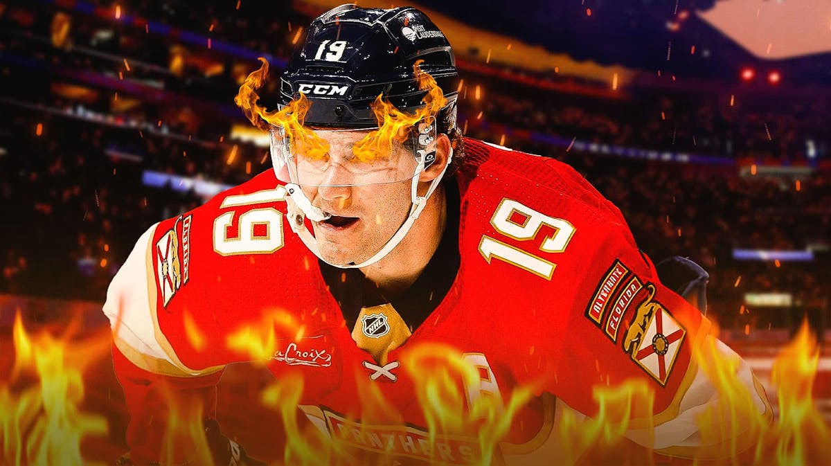 Florida Panthers superstar Matthew Tkachuk with fire in his eyes. Please use Amerant Bank Arena as the background image.