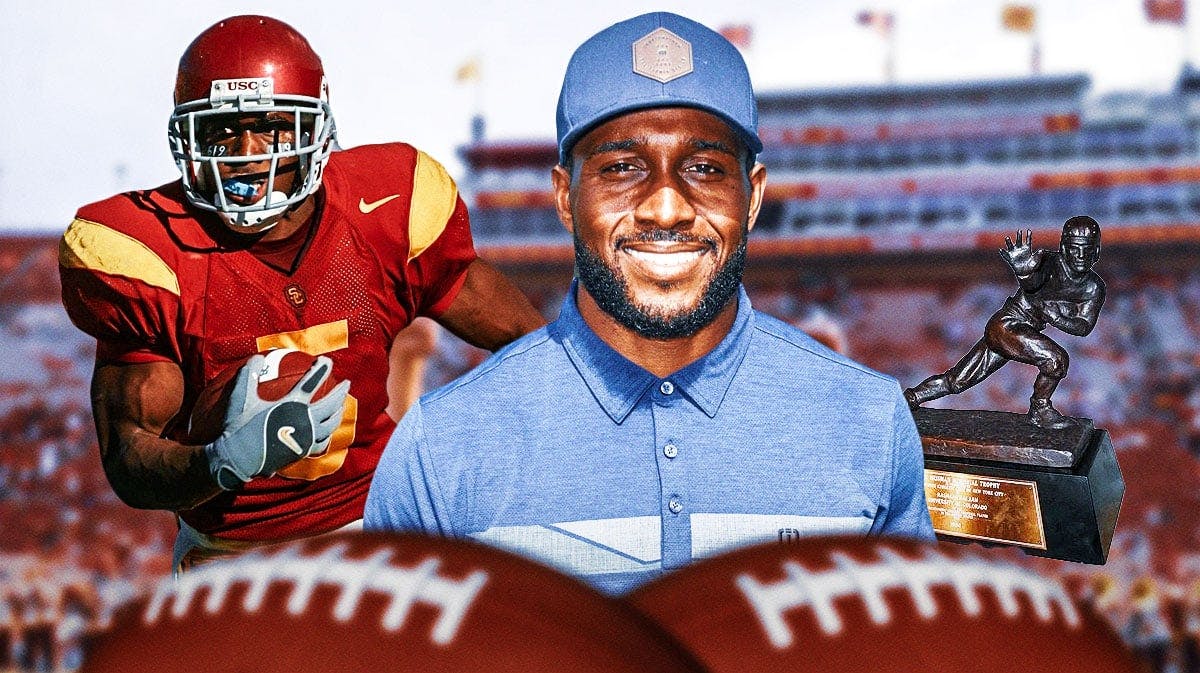 Reggie Bush (2024 image) on left. Heisman Trophy on right. In background, need Reggie Bush running with a football.