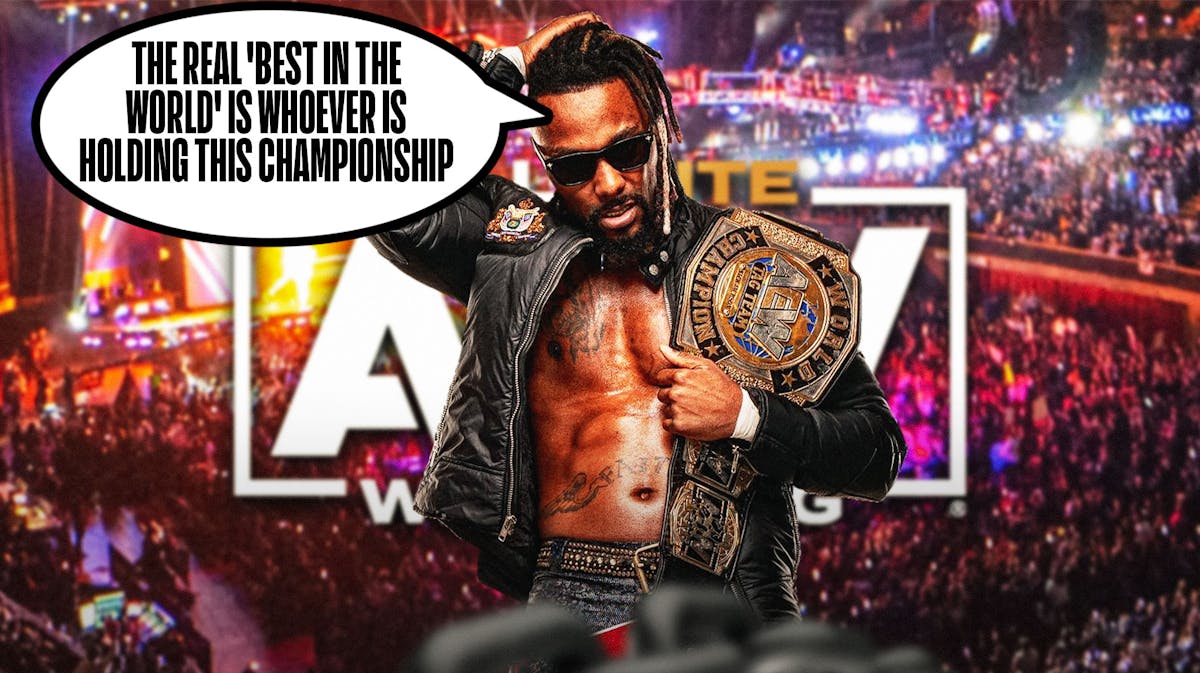 Swerve Strickland holding the AEW World Championship with a text bubble reading "The real 'Best in the World' is whoever is holding this championship" with the AEW logo as the background.