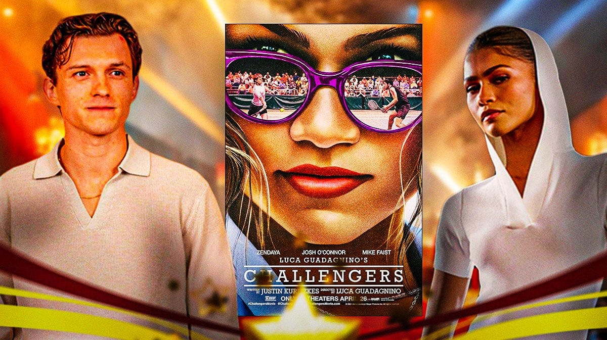Tom Holland and Zendaya with Challengers poster.