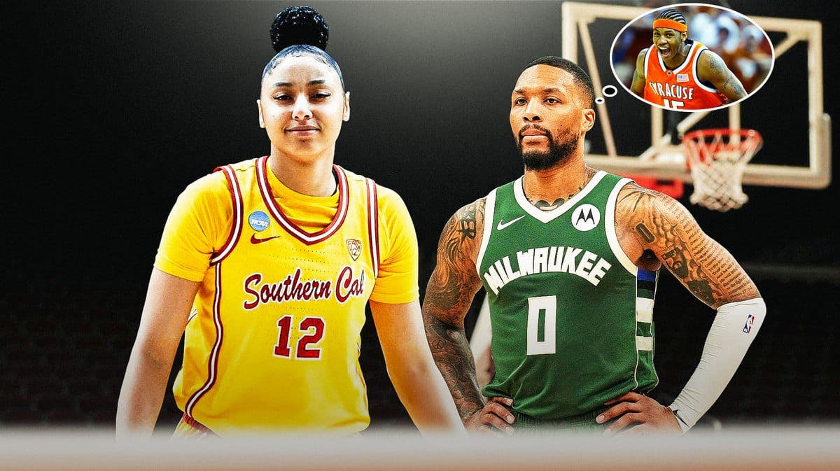 USC’s Juju Watkins smiling on the left, with Bucks' Damian Lillard looking at her, thought bubble on Lillard with picture of Carmelo Anthony in a Syracuse uniform (2002-03)
