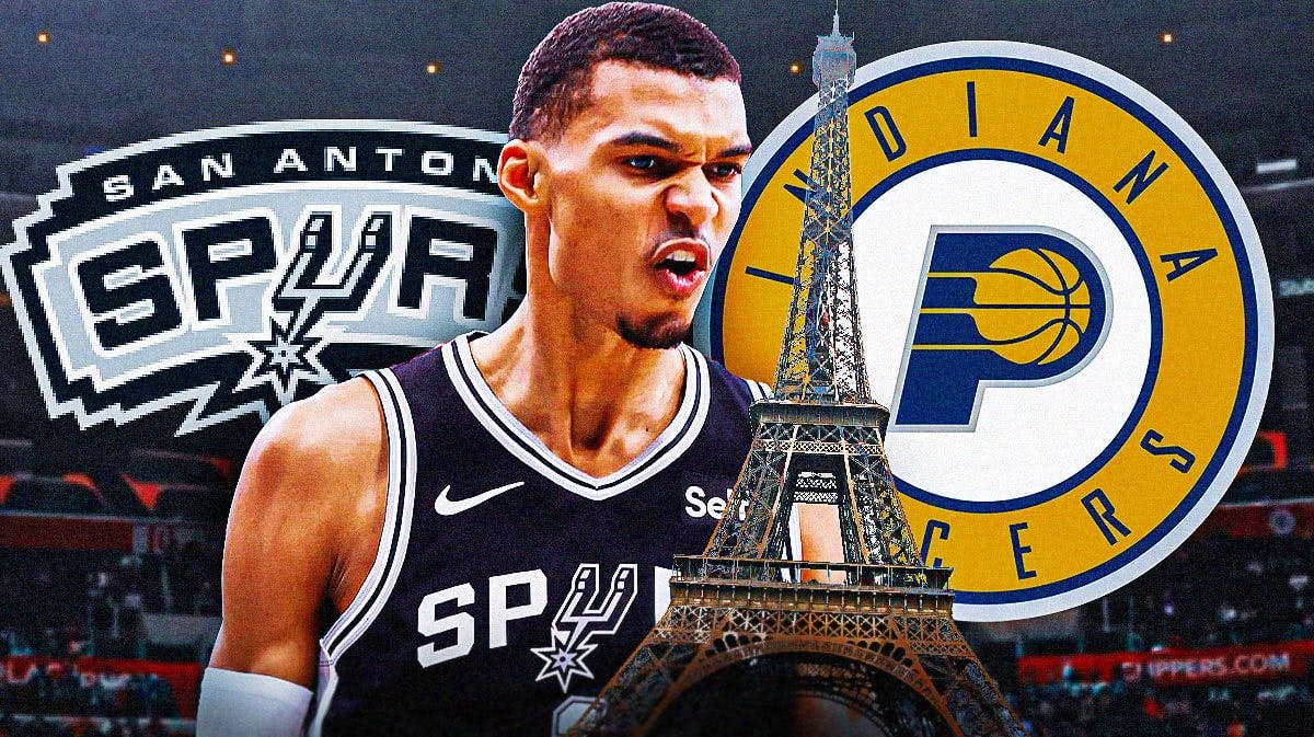 Featured Image: Victor Wembanyama image, Eiffel Tower image, San Antonio Spurs logo, Indiana Pacers logo