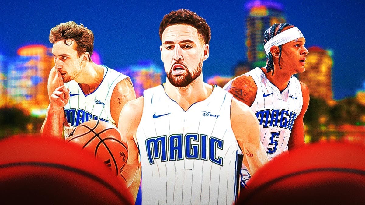 Klay Thompson in a Magic jersey next to Franz Wagner and Paolo Banchero