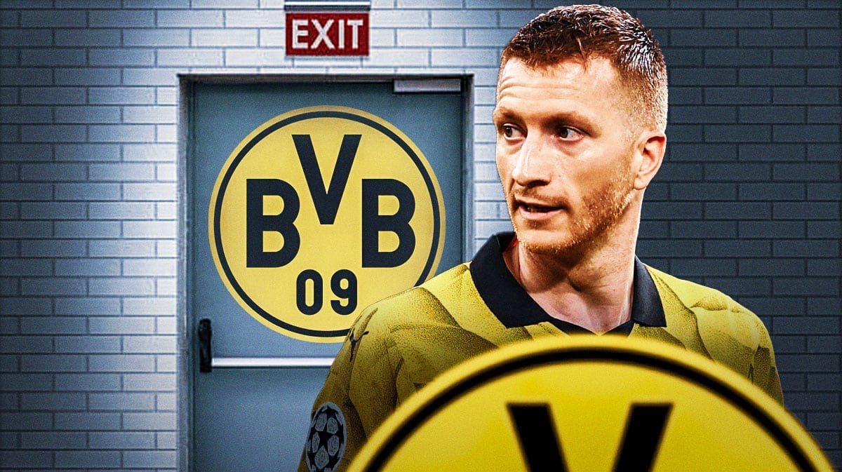 Marco Reus in front of an exit door and the Borussia Dortmund logo