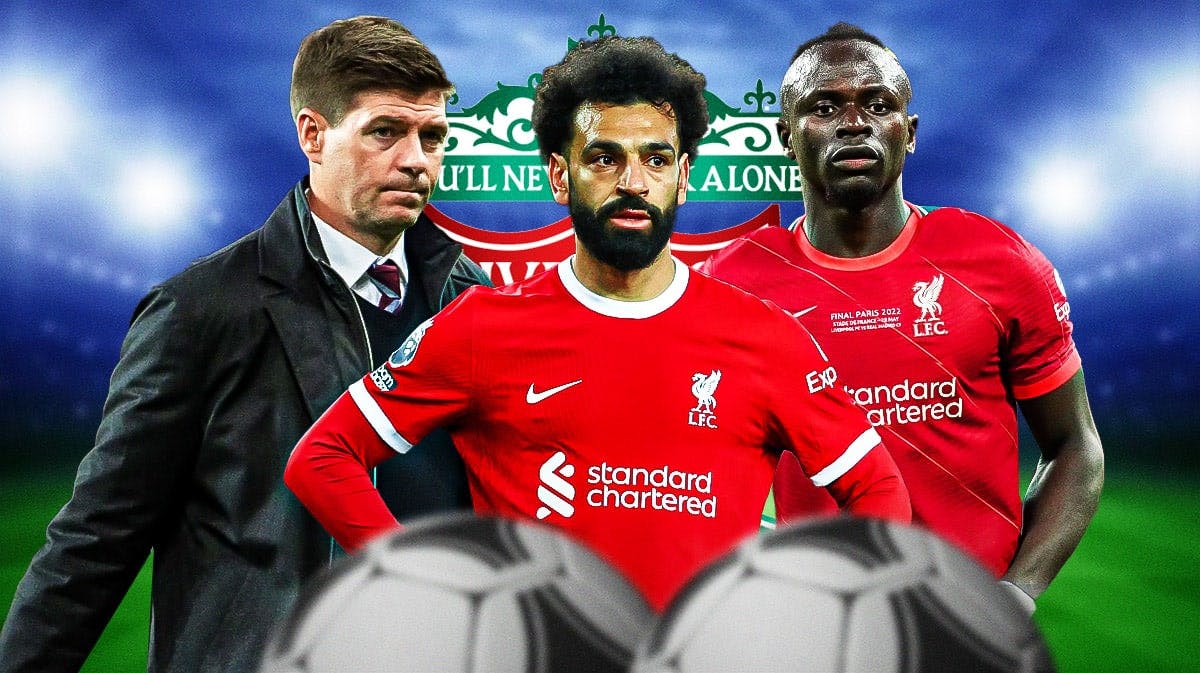 Mohamed Salah, Steven Gerrard, Sadio Mane all looking down/sad in front of the Liverpool logo