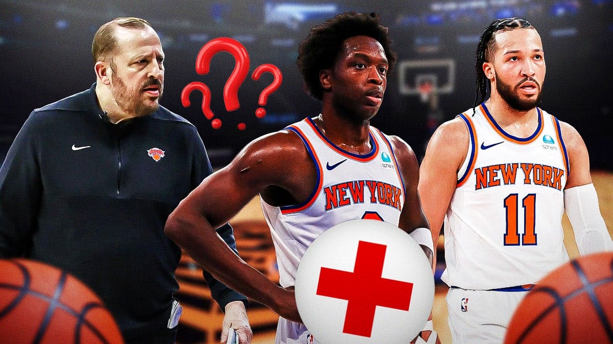 KNicks' OG Anunoby with question marks and injury symbols next to Tom Thibodeau and Jalen Brunson