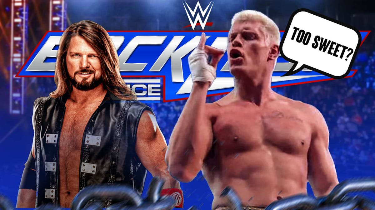 Cody Rhodes with a text bubble reading "Too Sweet?" next to AJ Styles with the 2024 WWE Backlash logo as the background.