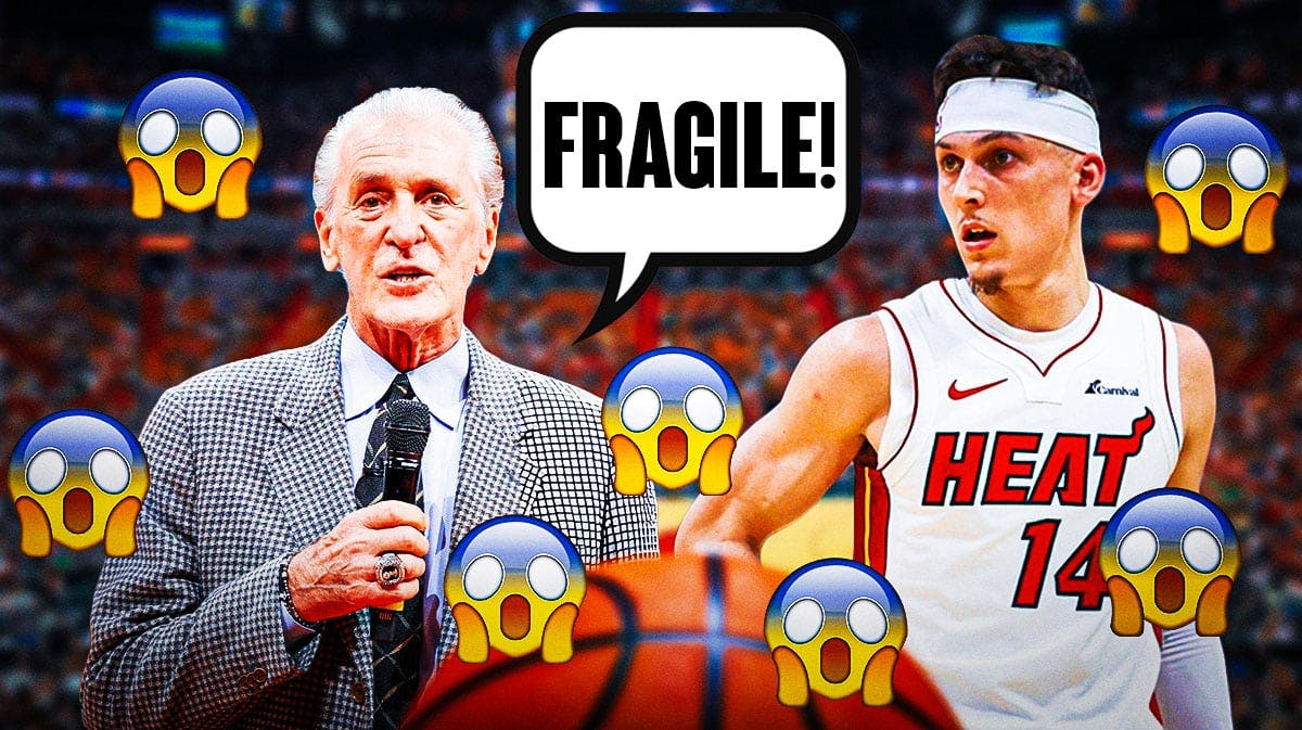 Pat Riley on one side with a speech bubble that says "Fragile!", Tyler Herro on the other side, a bunch of shocked emojis in the background