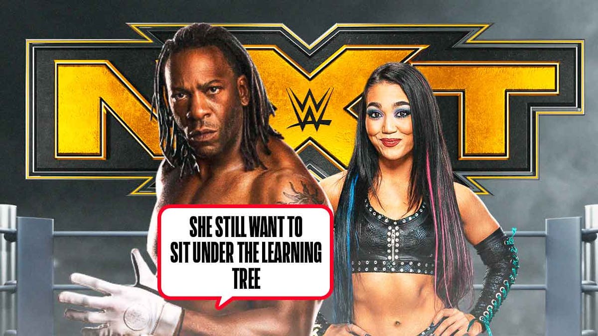 Booker T with a text bubble reading "She still wants to sit under the learning tree" next to Roxanne Perez with the NXT logo as the background.