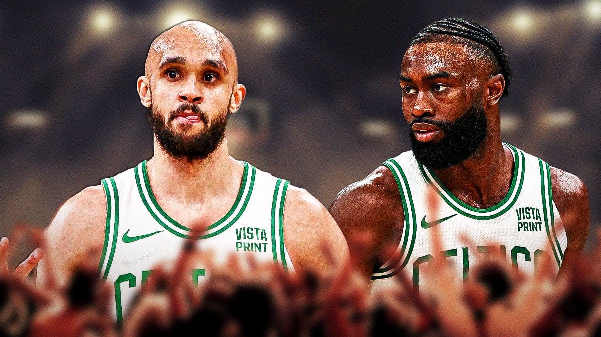 Boston Celtics players Derrick White and Jaylen Brown
