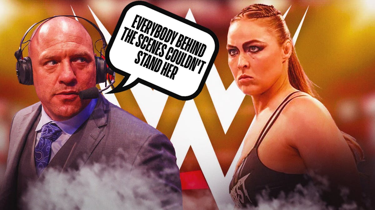 Commentator Jimmy Smith with a text bubble reading "Everybody behind the scenes couldn't stand her" next to Ronda Rousey with the WWE logo as the background.