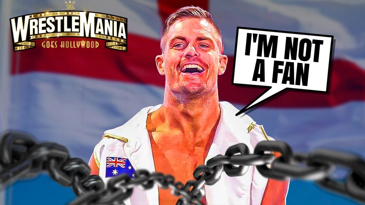 Grayson Waller with a text bubble reading "I'm not a fan" with the England flag as the background with the WrestleMania 39 logo over top of it.