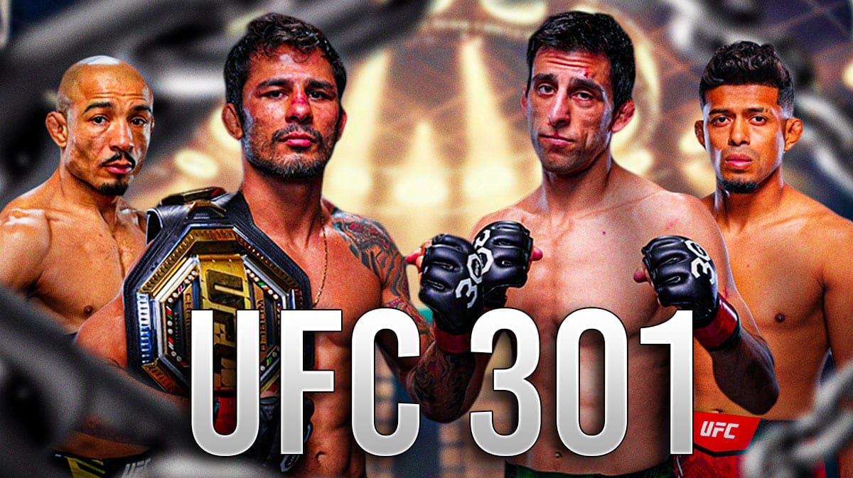 Alexandre Pantoja and Steve Erceg in the middle. To the side of Pantoja is Jose Aldo and to the side of Erceg is Jonathan Martinez. UFC Octagon is the background and "UFC 301" front and bottom of the graphic.