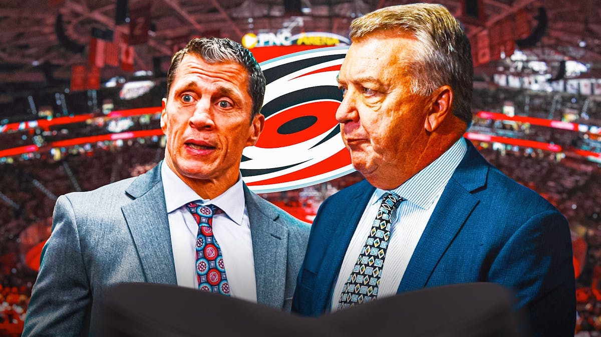 Hurricanes head coach Rod Brind'Amour talking contract with Don Waddell.