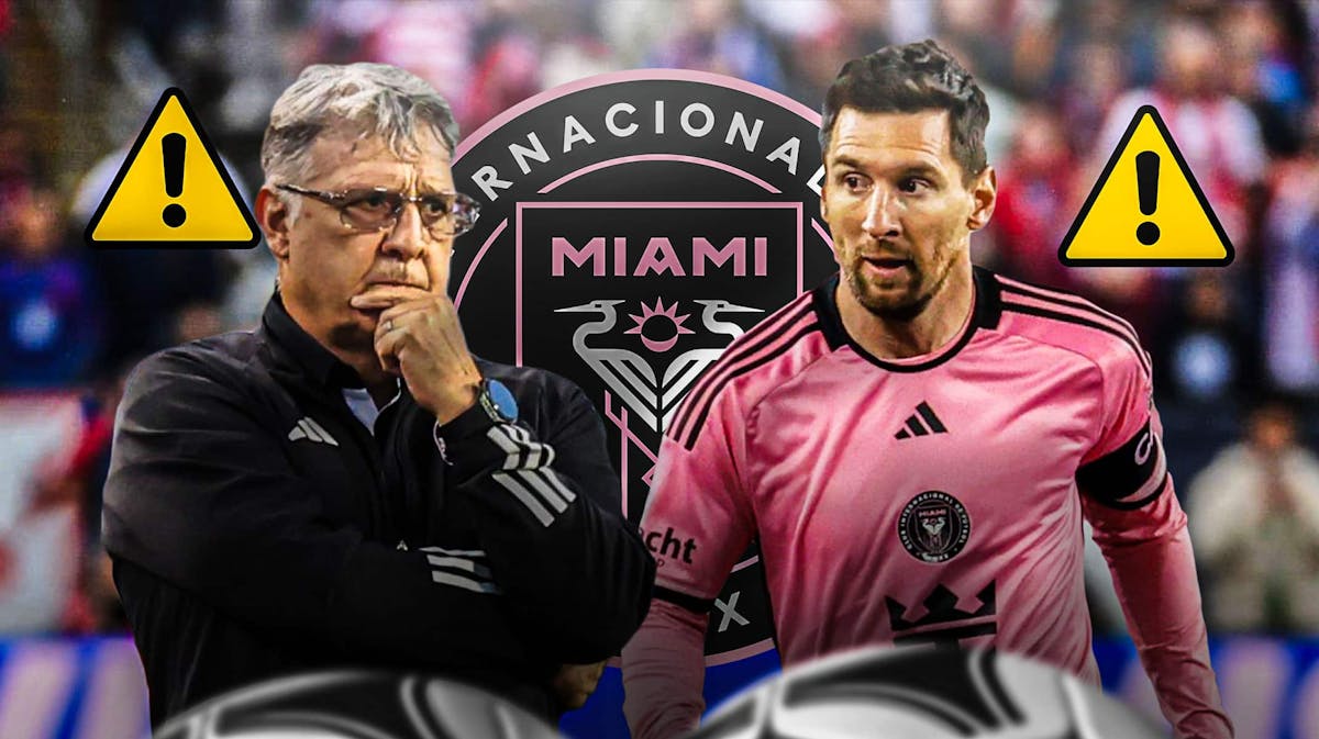 Tata Martino and Lionel Messi in front of the Inter Miami logo, a Warning sign next to them