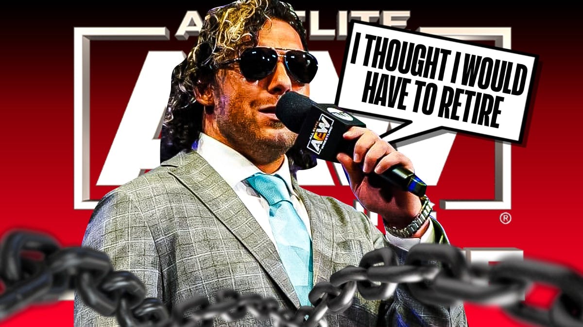 Kenny Omega holding a microphone with a text bubble reading "I thought I would have to retire" with the AEW Dynamite logo as the background.