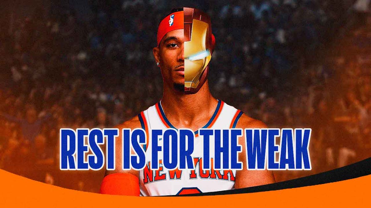 Knicks' Josh Hart with a half Iron Man mask on his face, with caption below: REST IS FOR THE WEAK