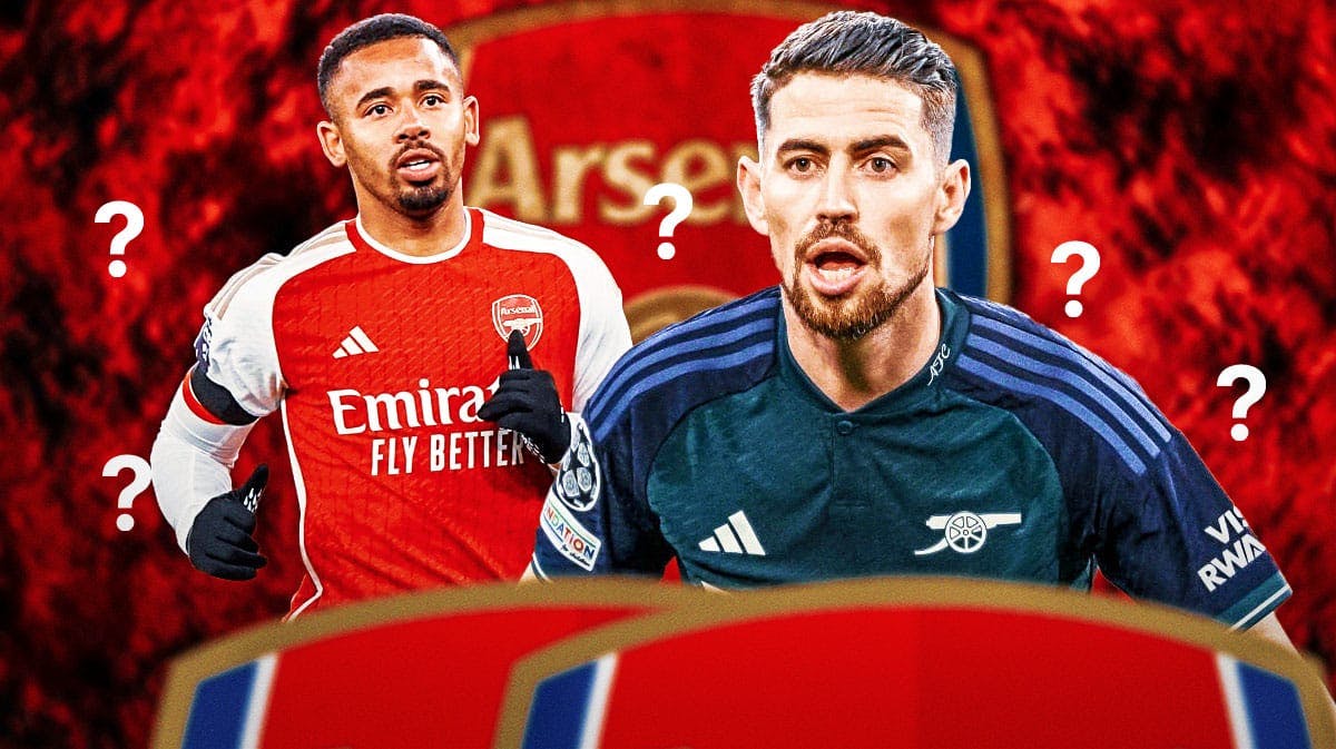 Jorginho and Gabriel Jesus in front of the Arsenal logo, questionmarks around them