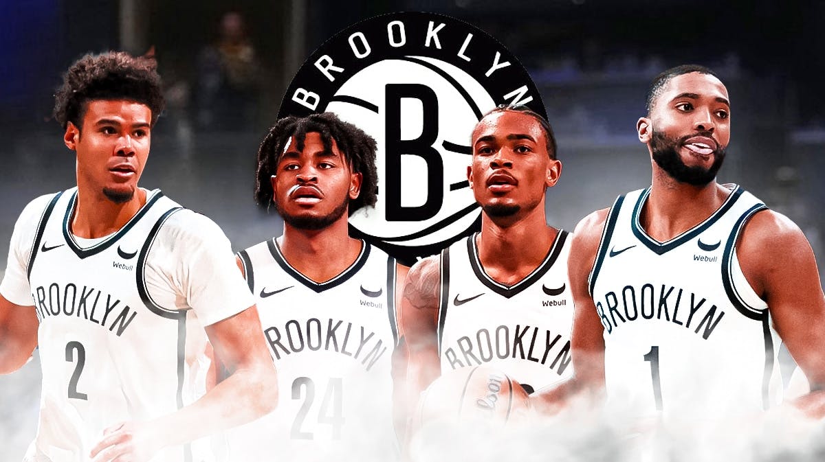 Cam Johnson, Cam Thomas, Nic Claxton and Mikal Bridges, Brooklyn Nets logo, basketball court in background