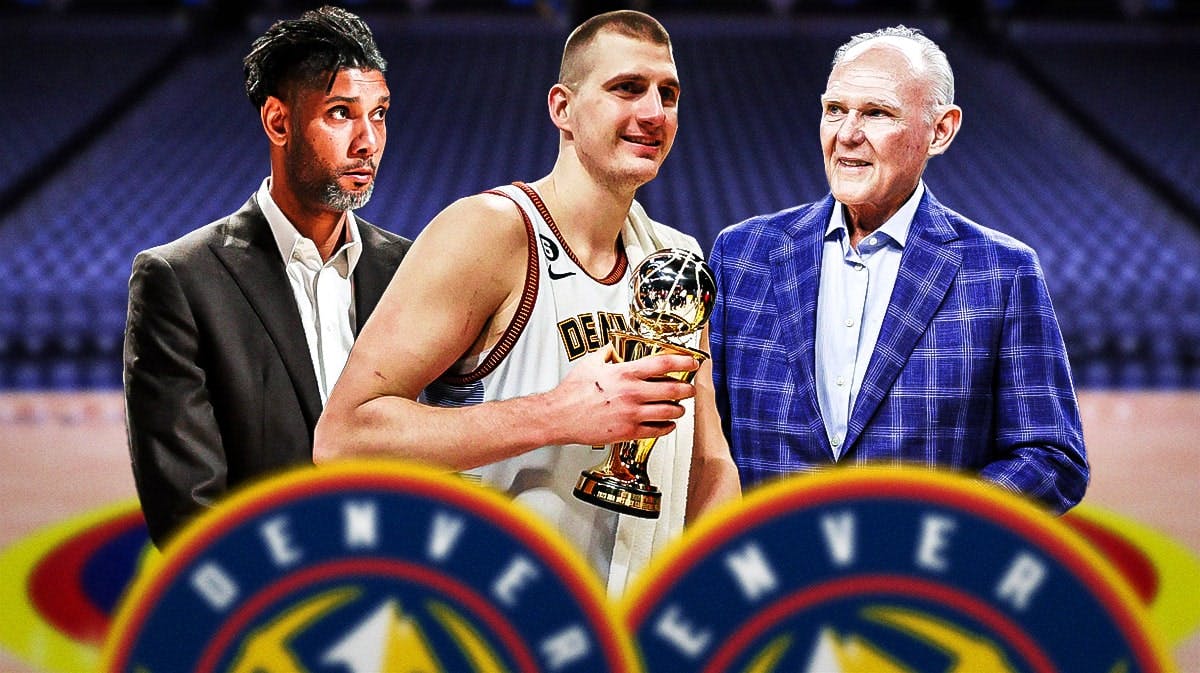 Nuggets' Nikola Jokic holding his 2022 MVP award, with Spurs' Tim Duncan beside him, George Karl looking at both