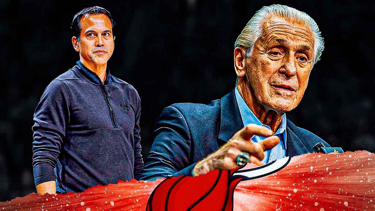 Miami Heat president Pat Riley and head coach Erik Spoelstra in front of the Kaseya Center.