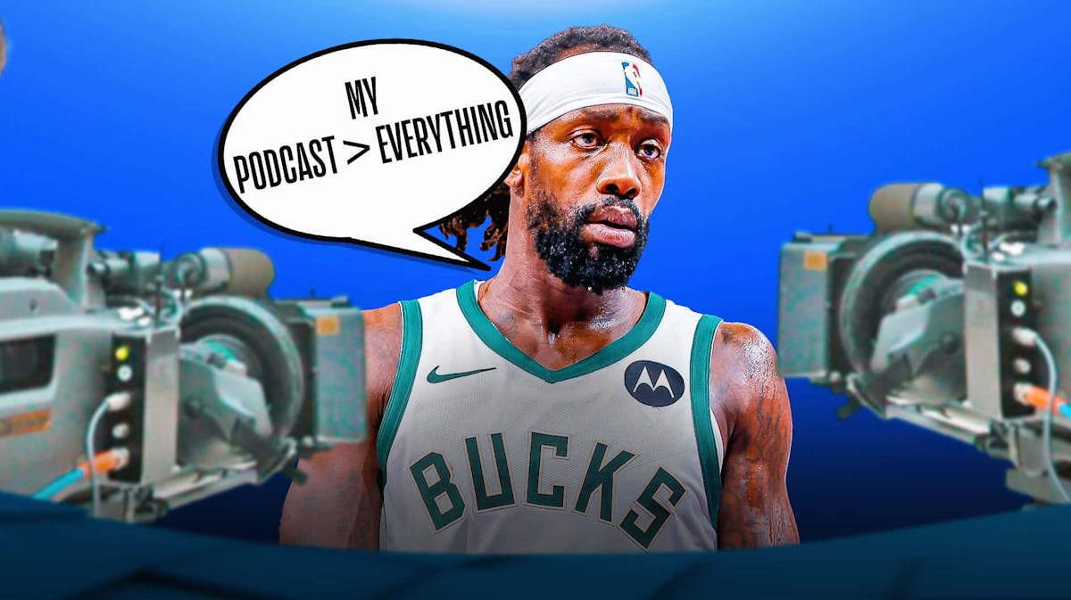 BUcks' Patrick Beverley saying "My podcast > everything" in front of reporters