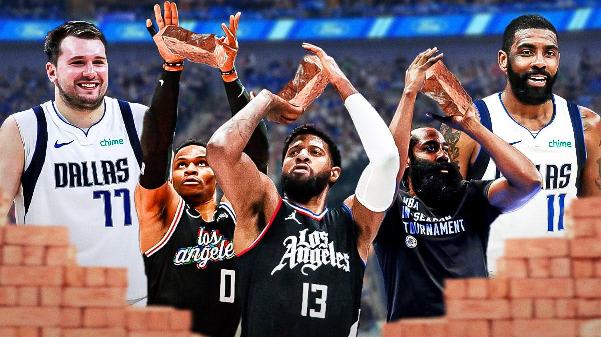 Photo: Paul George, Russell Westbrook, James Harden shooting bricks in Clippers jerseys, Luka Doncic, Kyrie Irving smiling in background
