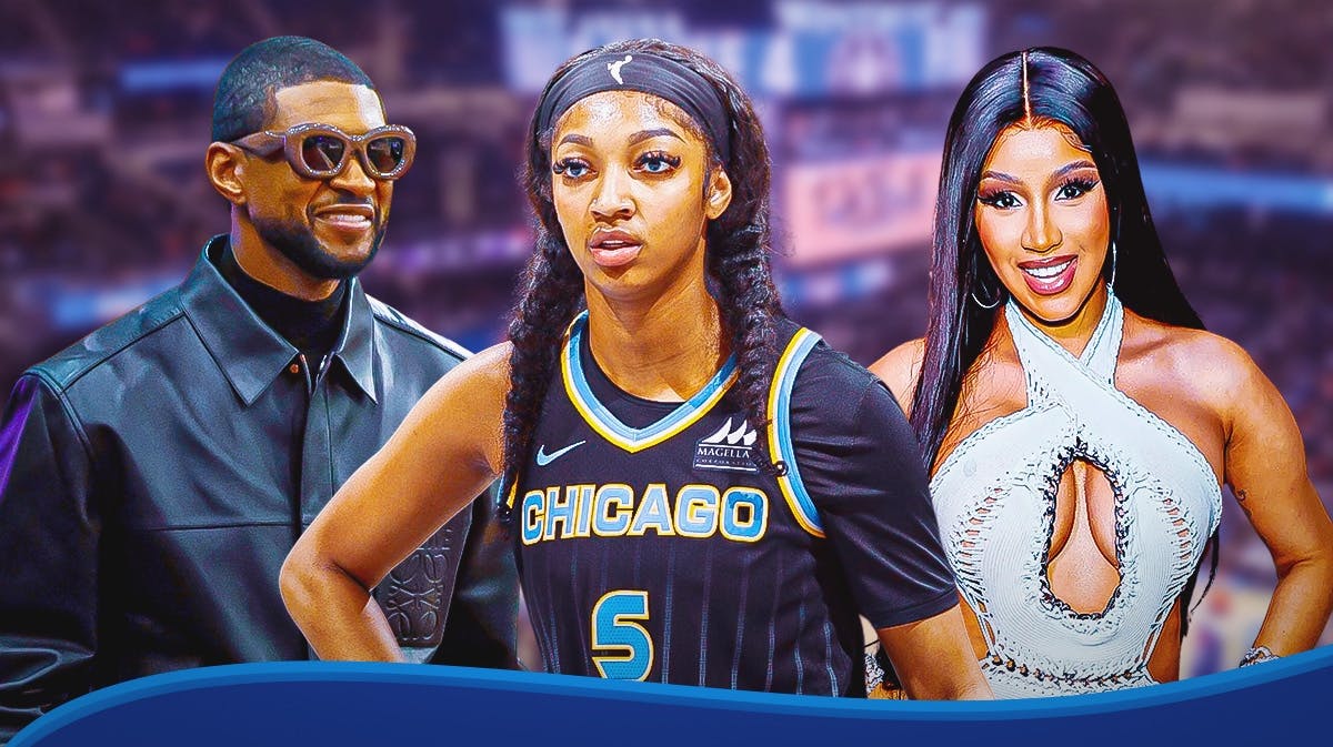 Sky's Angel Reese stand next to WNBA logo, Usher and Cardi B in background