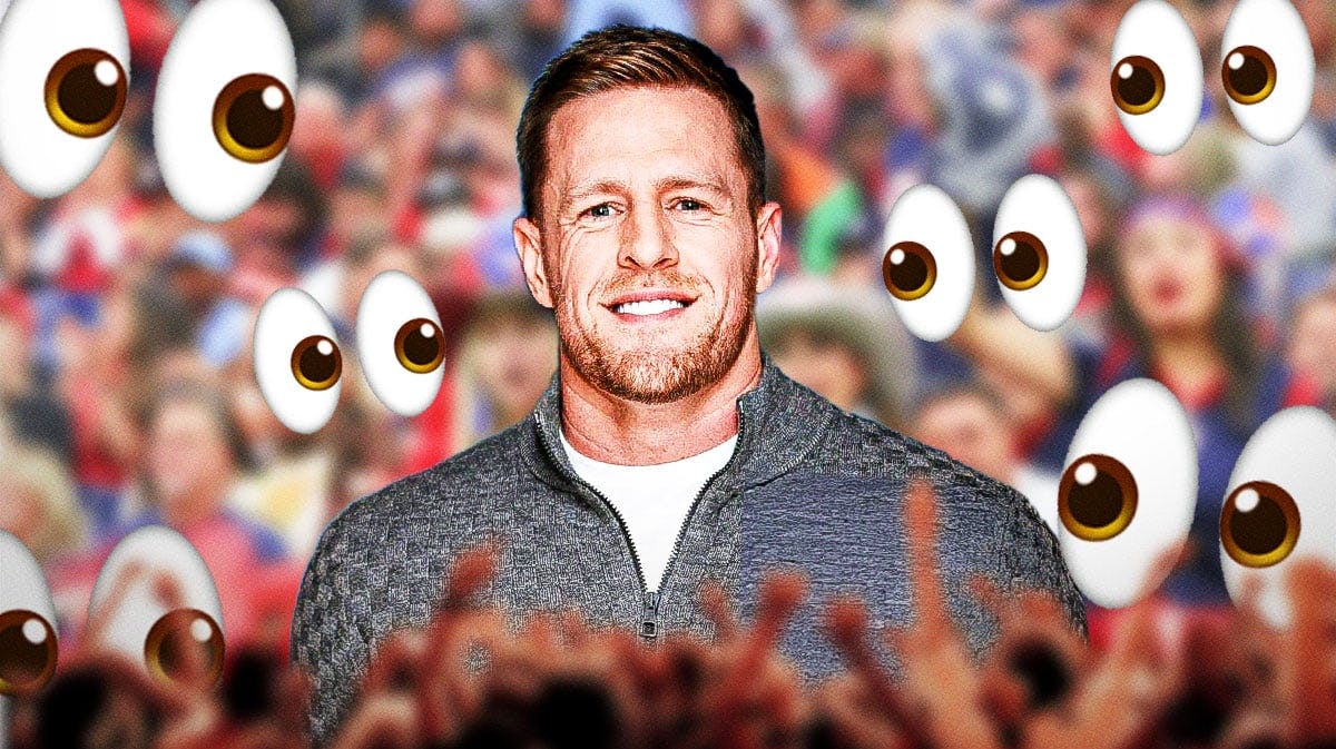 JJ Watt on one side, a bunch of Houston Texans fans on the other side with the big eyes emoji over their faces