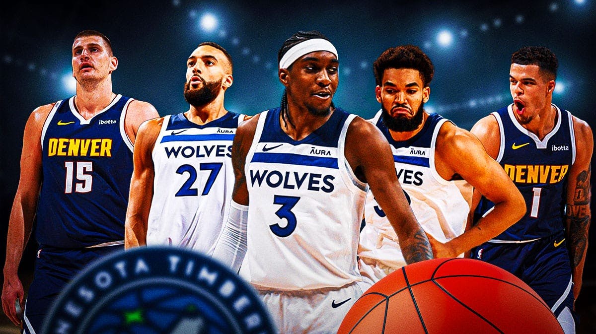 Timberwolves Rudy Gobert, Karl-Anthony Towns and Jaden McDaniels front and center. On the left side, Nuggets Michael Porter Jr., on the right side, Nikola Jokic