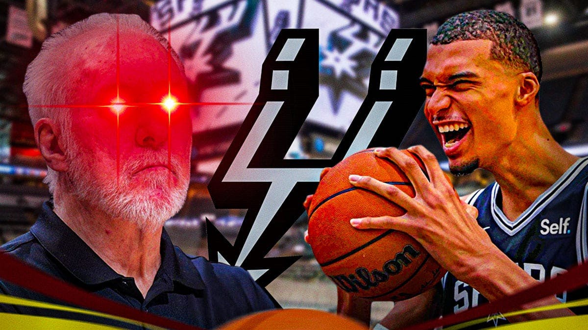 Gregg Popovich with lasers in his eyes next to a Spurs logo and Victor Wembanyama